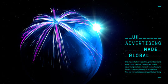 Digital image of earth from space with lights coming out of the UK indicative of the Union Jack reaching round the globe